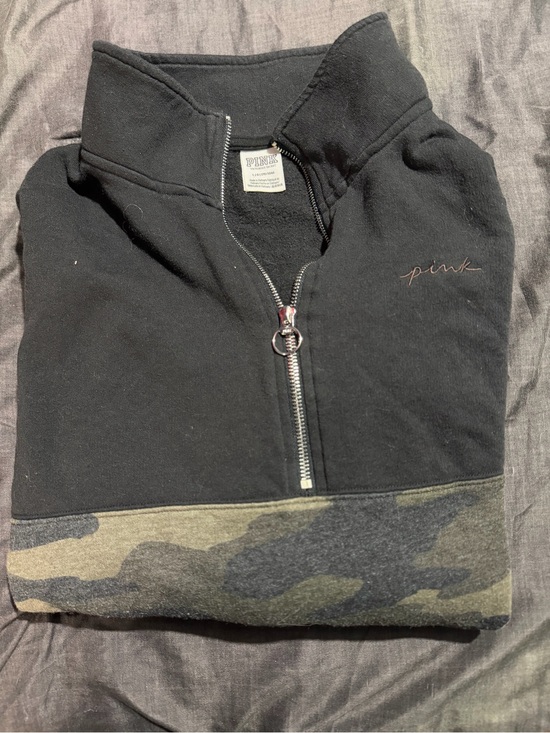 PINK Victoria's Secret Tops - PINK Victoria's Secret Black Half-Zip Sweatshirt with Camo Hem